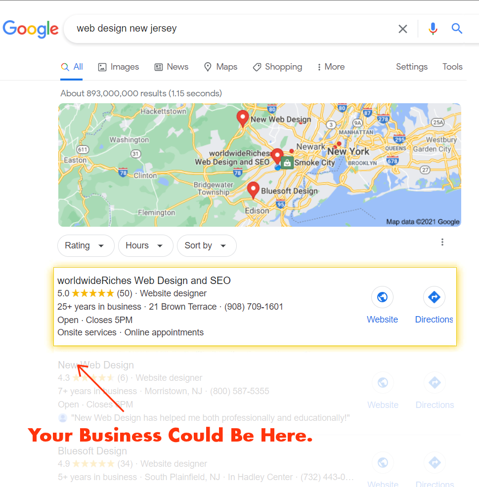 Google Map Pack Rankings Showing Top Business Listings - Your Company Could Be Here with worldwideRiches SEO Services